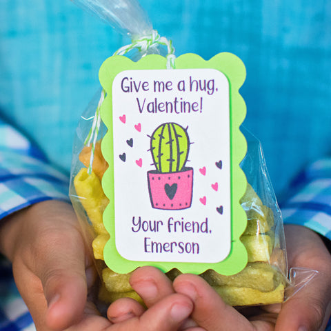 Personalized cactus Valentine Tags - Give me a hug, Valentine! - 3 x 2 inches, 2 layers, lime green backing