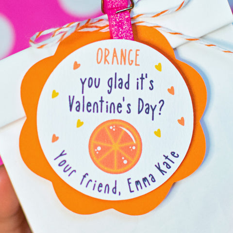 Orange fruit Valentine treat bag tags