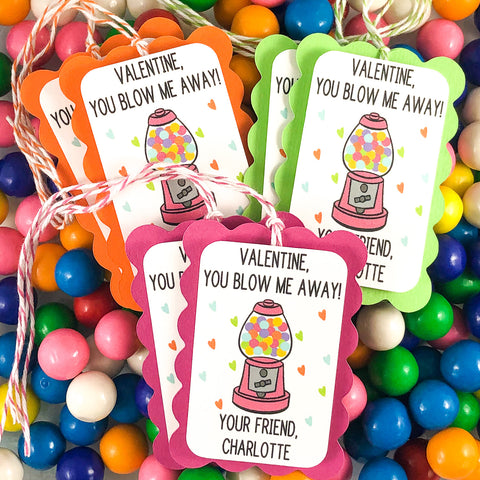 Gumball Valentine Tags laying on gumball background
