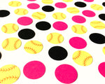 Softball confetti for spreading on party tables. Neon yellow with your choice of accent colors.