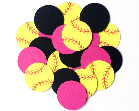 Softball confetti for spreading on party tables. Neon yellow with your choice of accent colors.