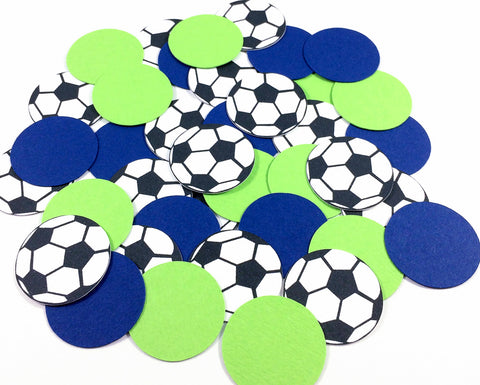 Soccer ball confetti made from cardstock mixed with lime green and blue circle confetti